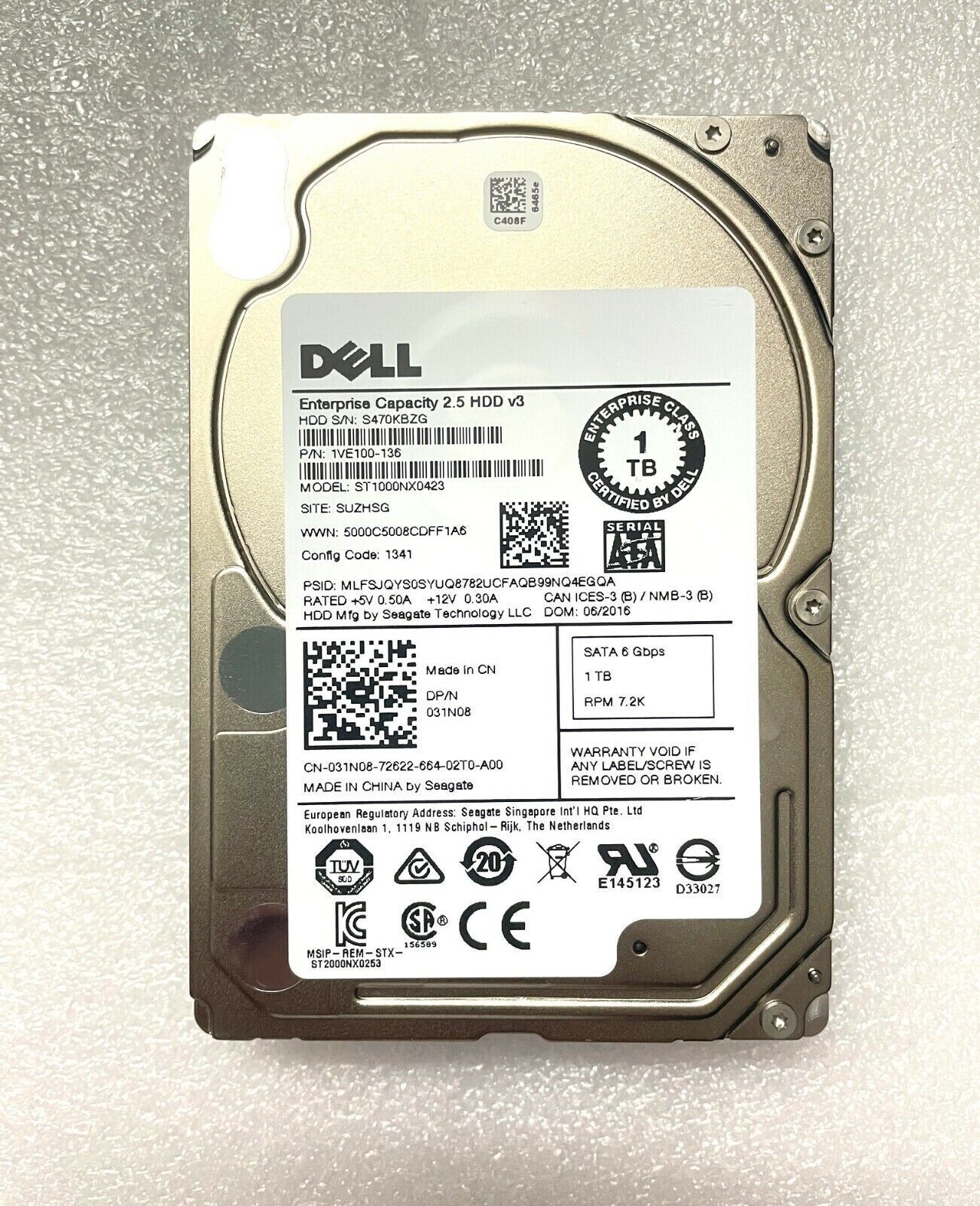 Dell 1TB 7.2K 2.5" 6G SATA 031N08 31N08 ST1000NX0423 HDD Hard Drive