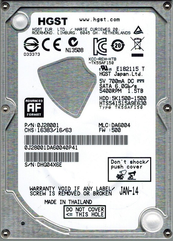 Hitachi HTS541515A9E630 P/N: 0J28001 MLC: DA6004 1.5TB HGST