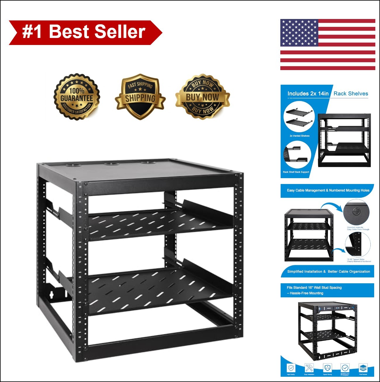12U Open Frame Network Rack 19 Inch 150 lbs Capacity Wall Mount Floor Standing
