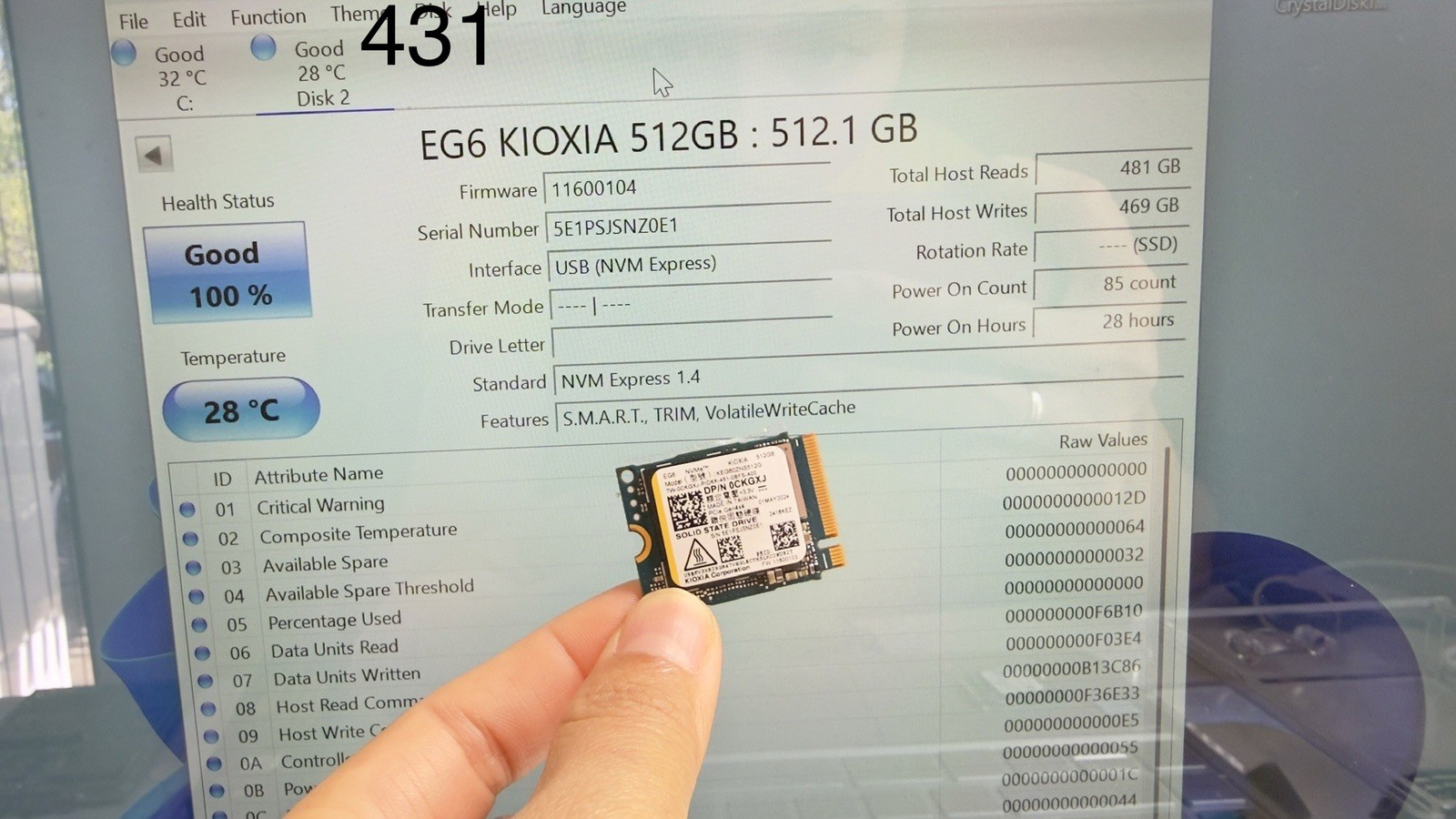 KIOXIA  EG6   512GB NVMe 2230 Gen4  KEG60ZNS512G Health 100% Usage 28 Hours