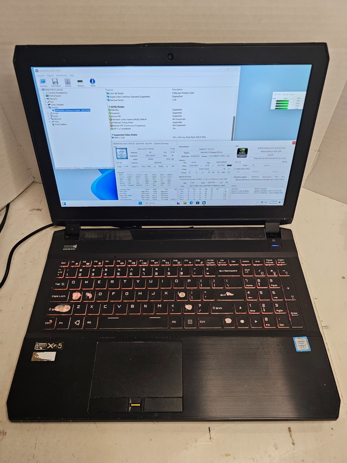 System76 Oryx Pro i7-7700HQ 16GB RAM 256GBx2 SSDs SSD GTX 1070 Win 11 NO BATT#04