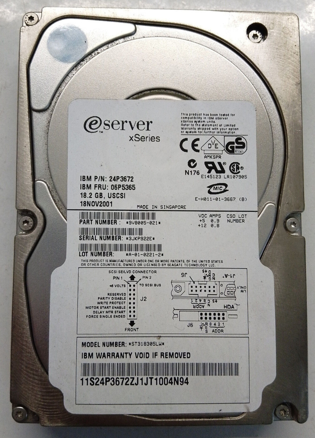 IBM 06P5365 24P3672 ST318305LW 18.2GB 10K 8MB Uscsi U160 3.5'' Server Xseries