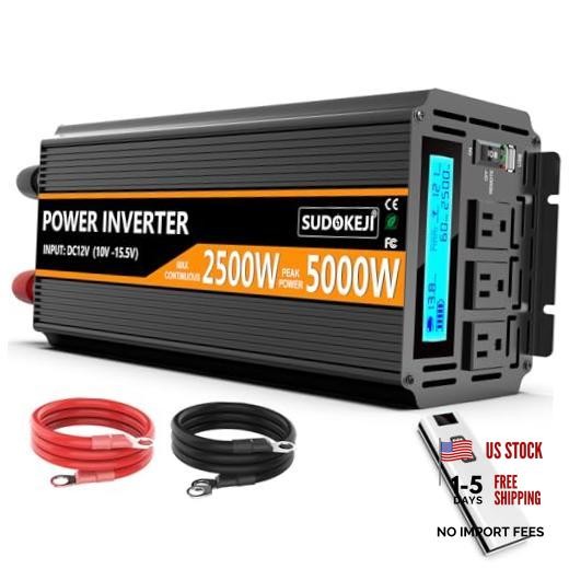 2500W Power Inverter 12V DC to AC 110V/120V (Peak) 5000W Converter 3 sockets