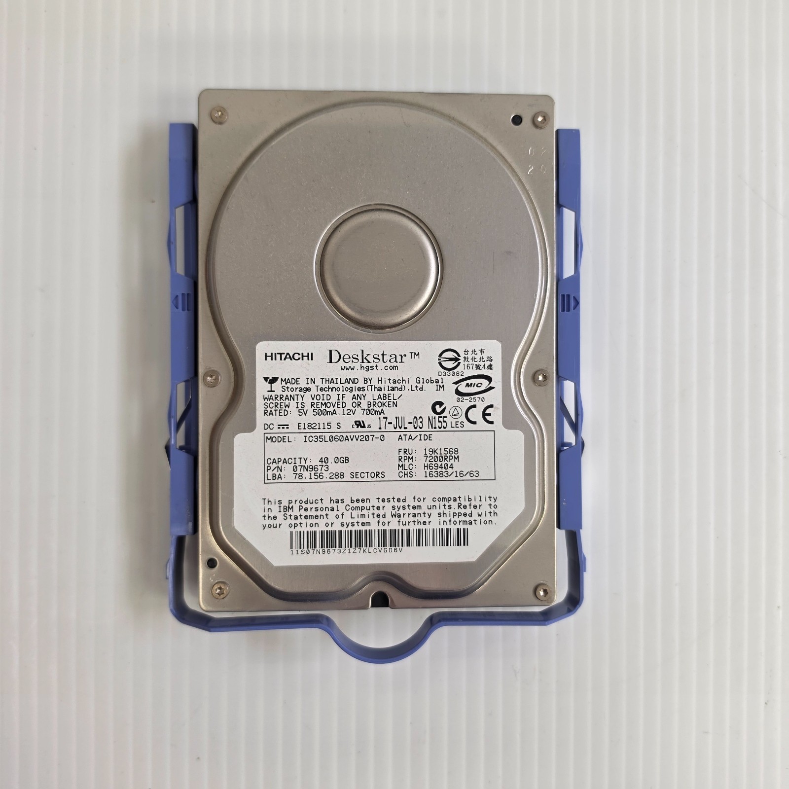 Hitachi Deskstar 40GB 7200RPM HDD IC35L060AVV207-0 19K1568 07N9673 with Tray