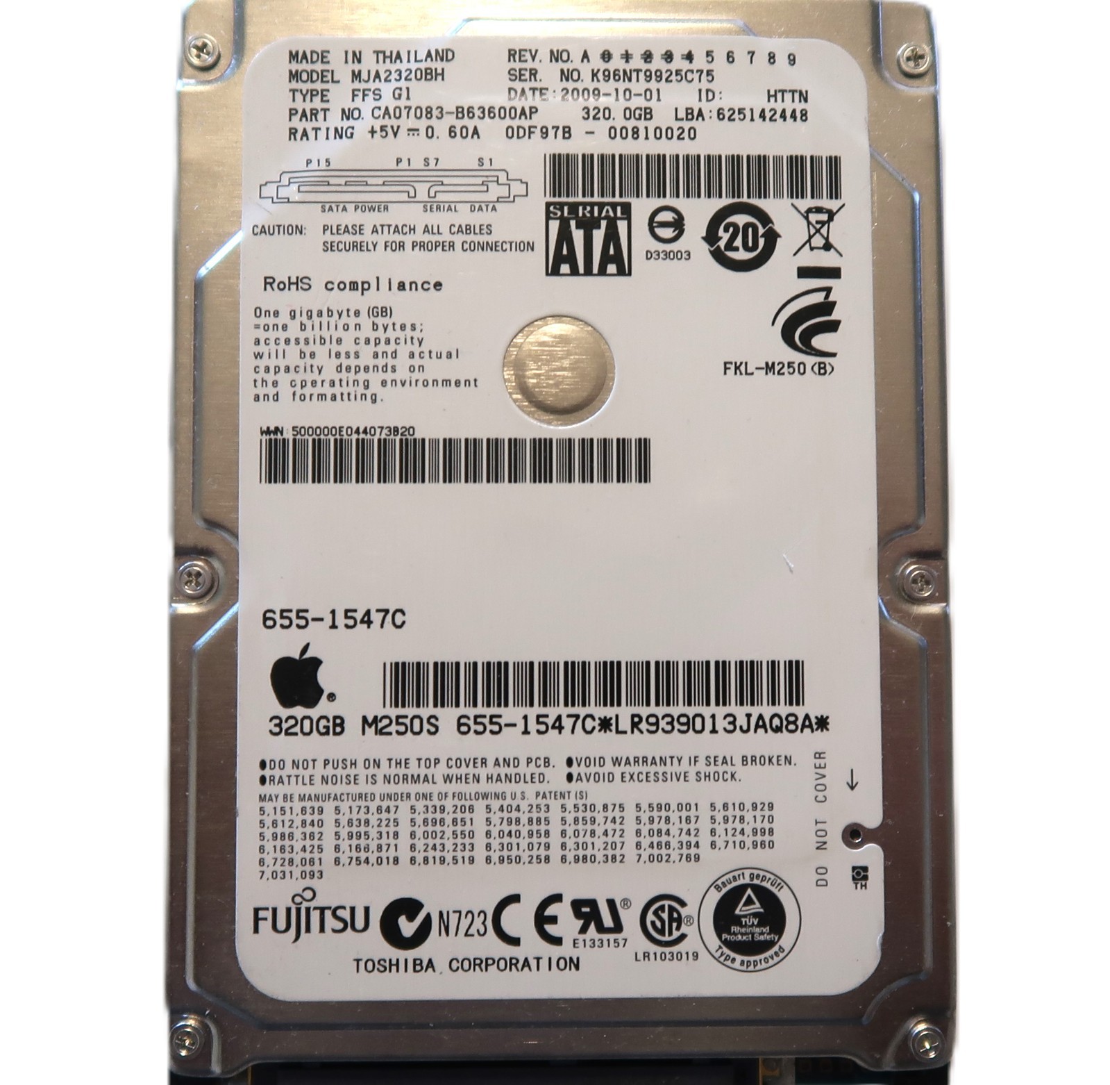 Fujitsu MJA2320BH CA07083-B63600AP FFS G1 0DF97B-00810020 2.5" 320gb Sata HDD
