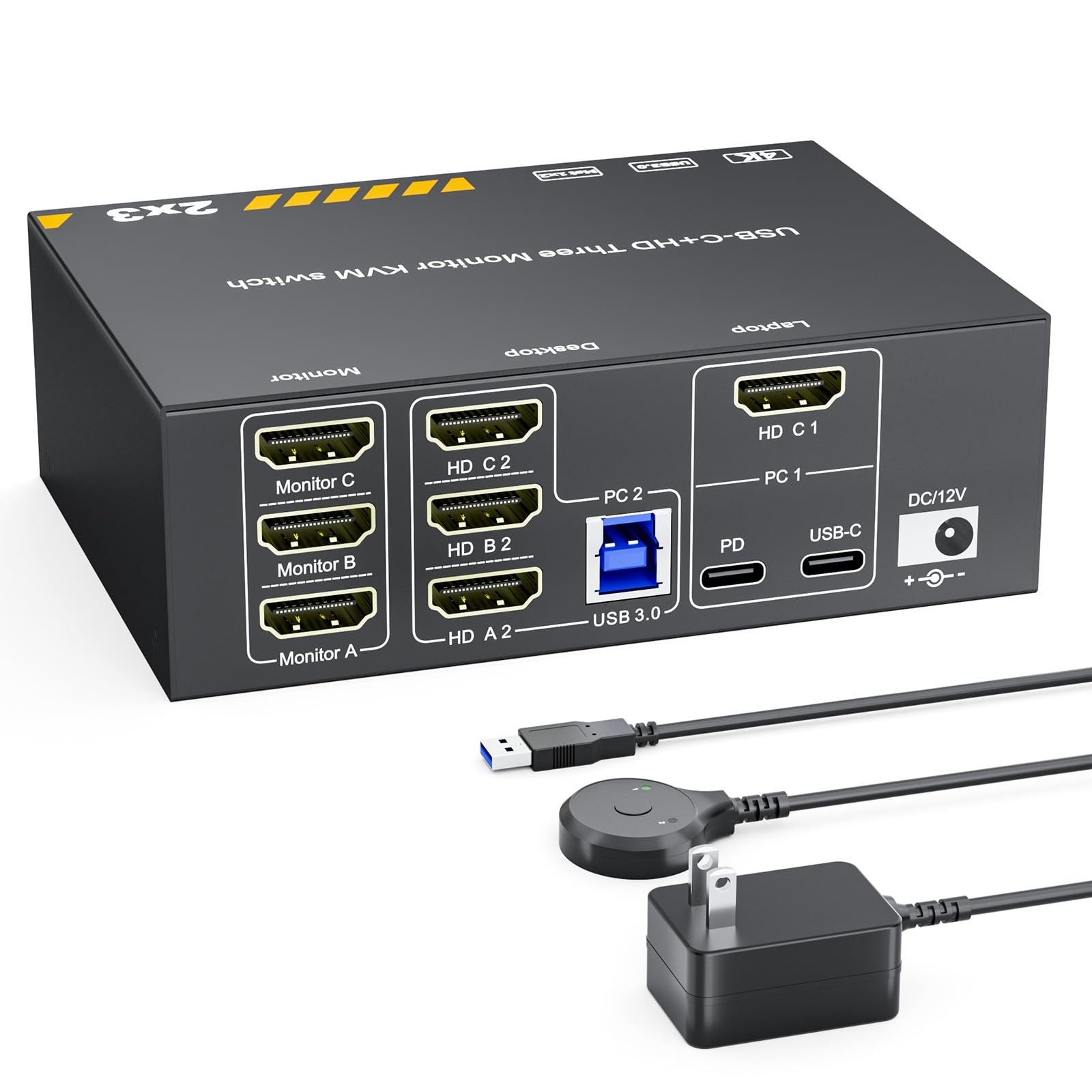 USB-C HDMI Triple Monitor KVM Switch 2 PC 4K@60Hz 87W PD Charging