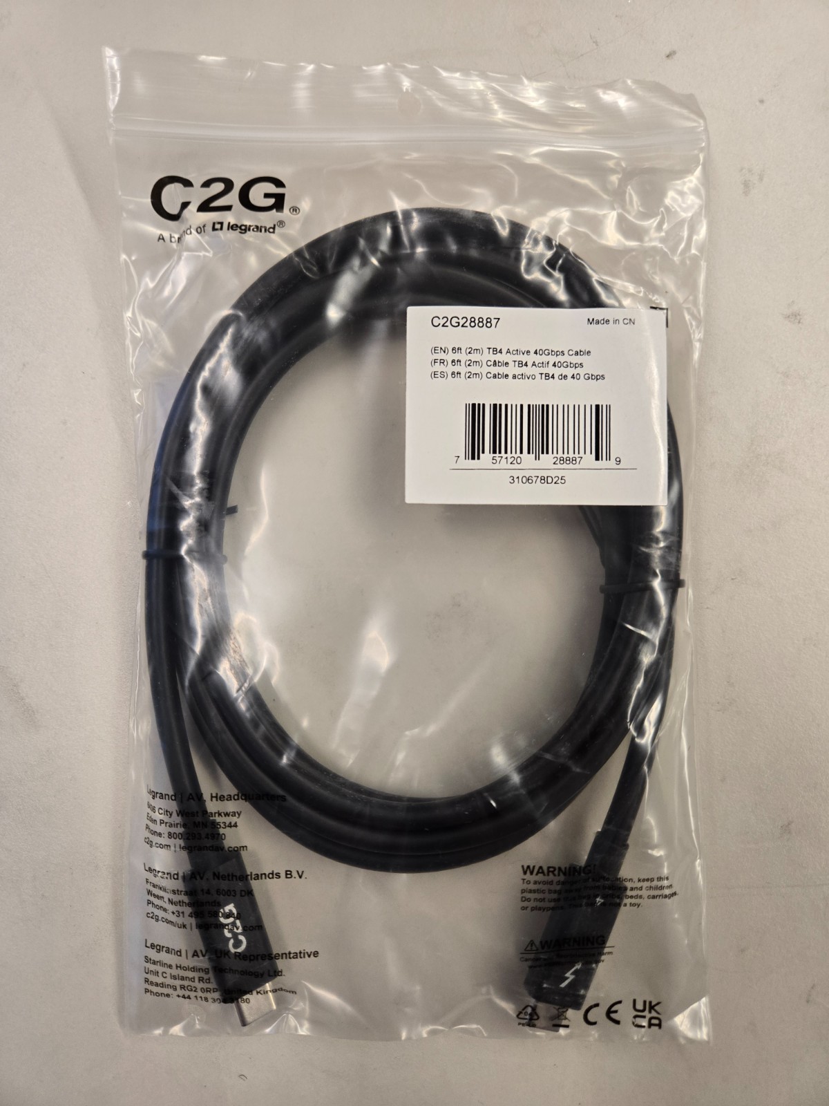 Brand New C2G USB-C to USB-C 6.6ft (2m) TB4 Active 40gbps Cables, Part #: 28887.