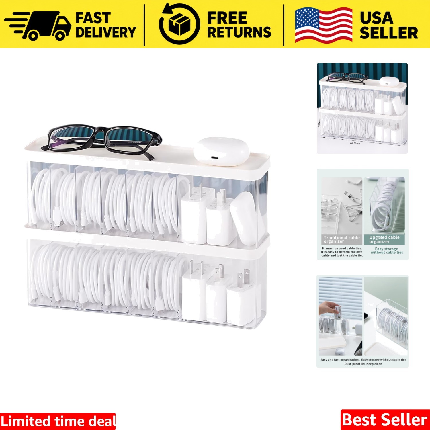 Clear Cable Organizer with 6 Standard and 1 Larger Compartment, 2 Pack