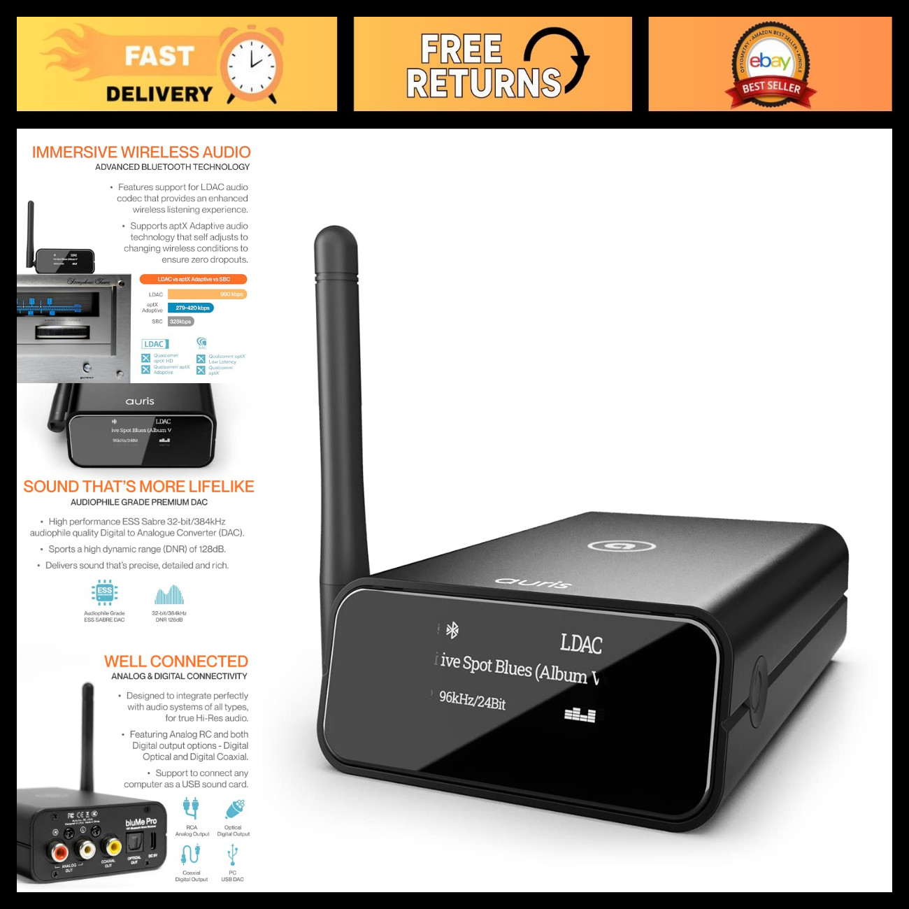 HiFi Bluetooth 5.3 Music Receiver Adapter, Long Range with DAC, LDAC, aptX HD, O
