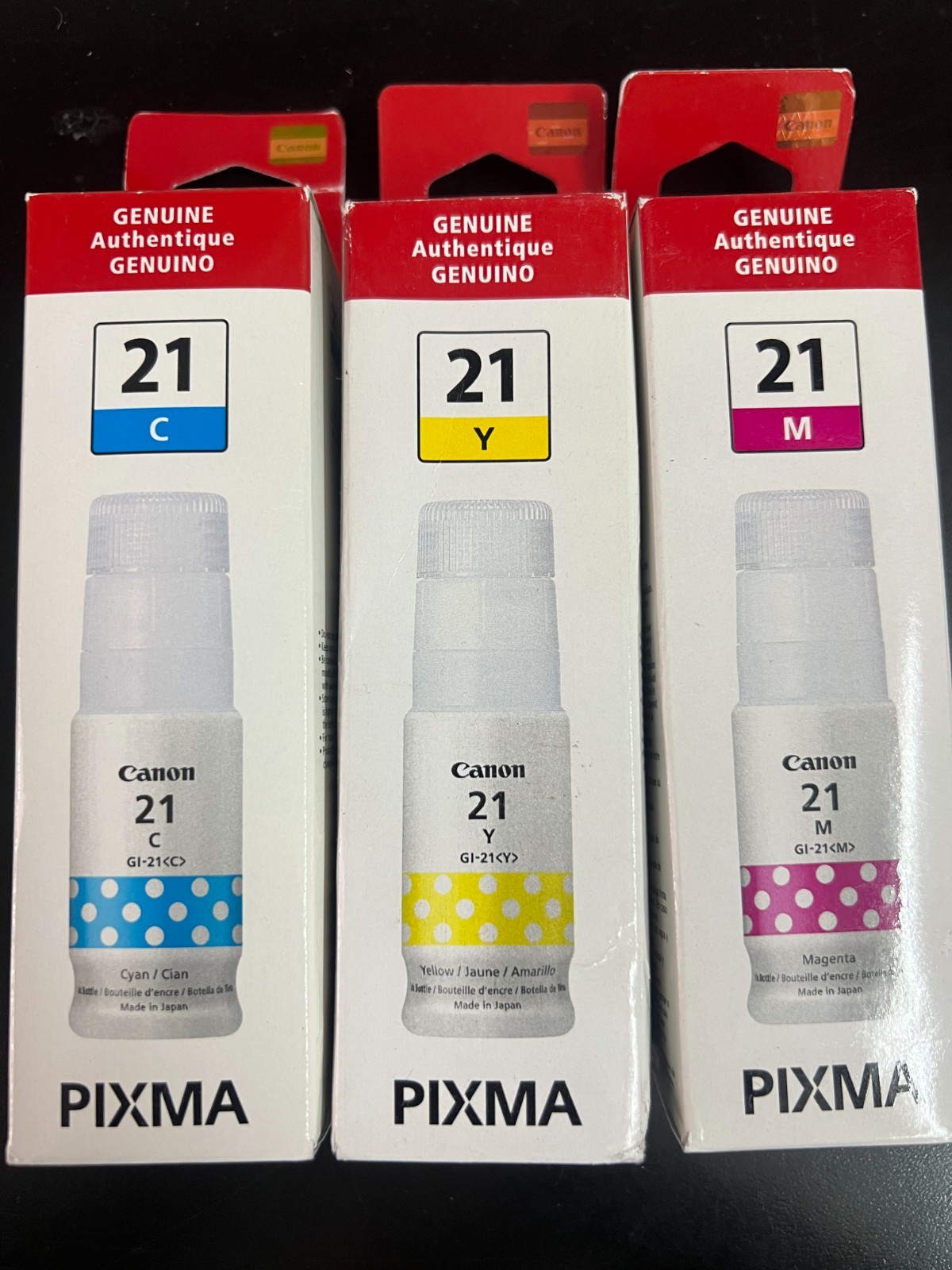 Genuine Canon GI-21 Cyan, Yellow, & Magenta INK BOTTLEs Brand New (3 PACK)