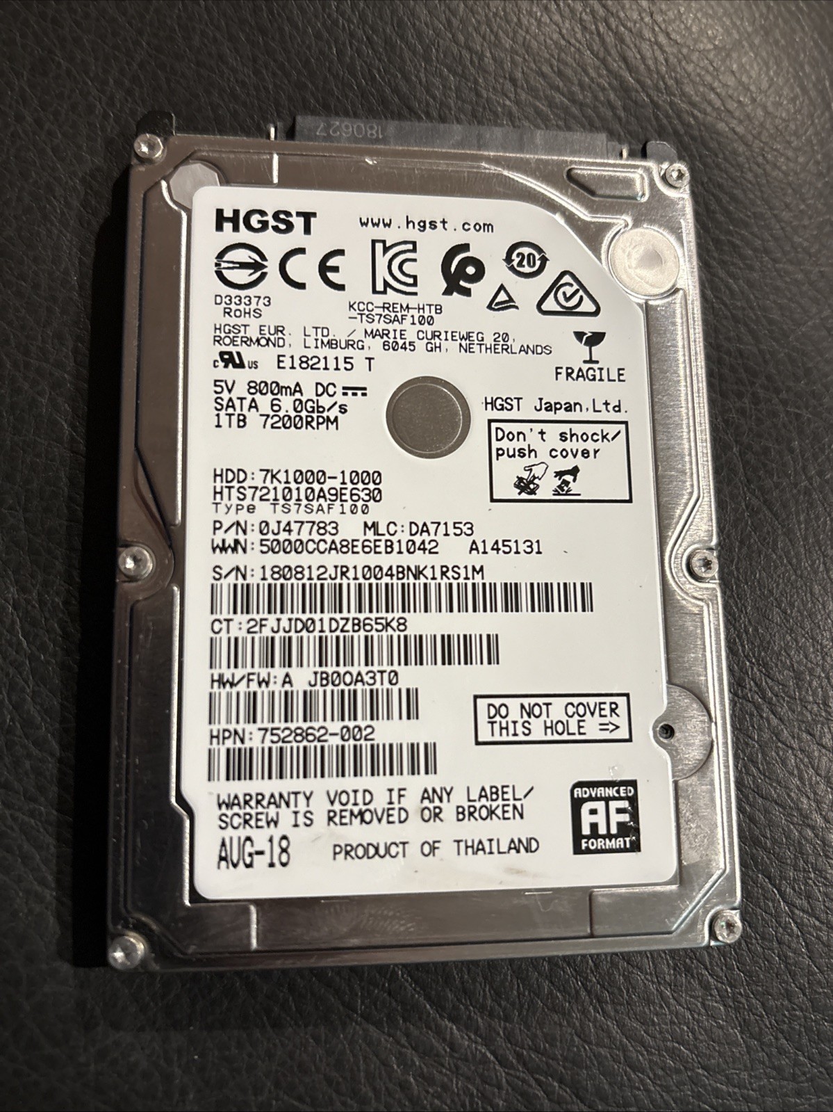 HGST Travelstar HTS721010A9E630 1TB 7200 RPM SATA Internal Laptop Hard Drive