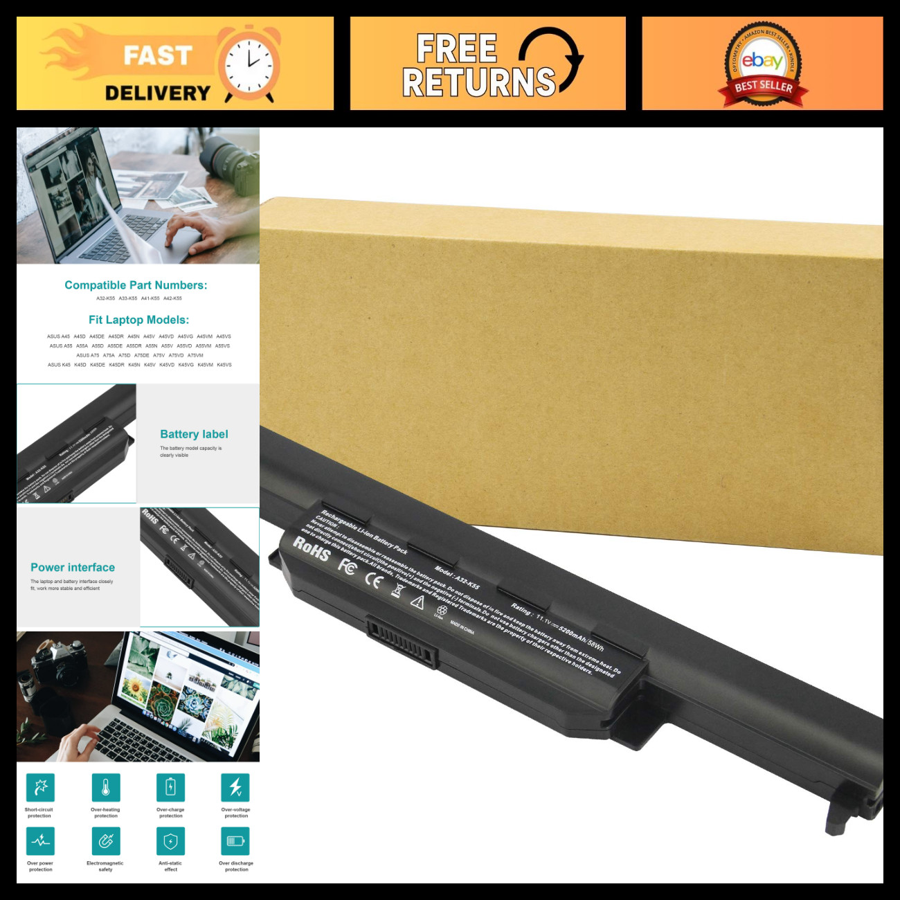 High-Capacity Laptop Battery for Asus A32-K55 A33-K55 A41-K55 U57A A45 A75 K55N