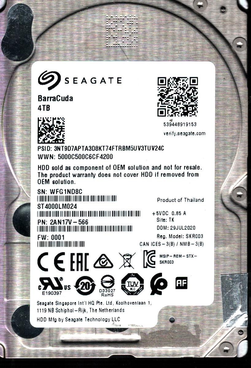 ST4000LM024 P/N: 2AN17V-566 F/W: 0001 S/N: WFG1 TK 4TB JUL 2020 THAILAND SEAGATE