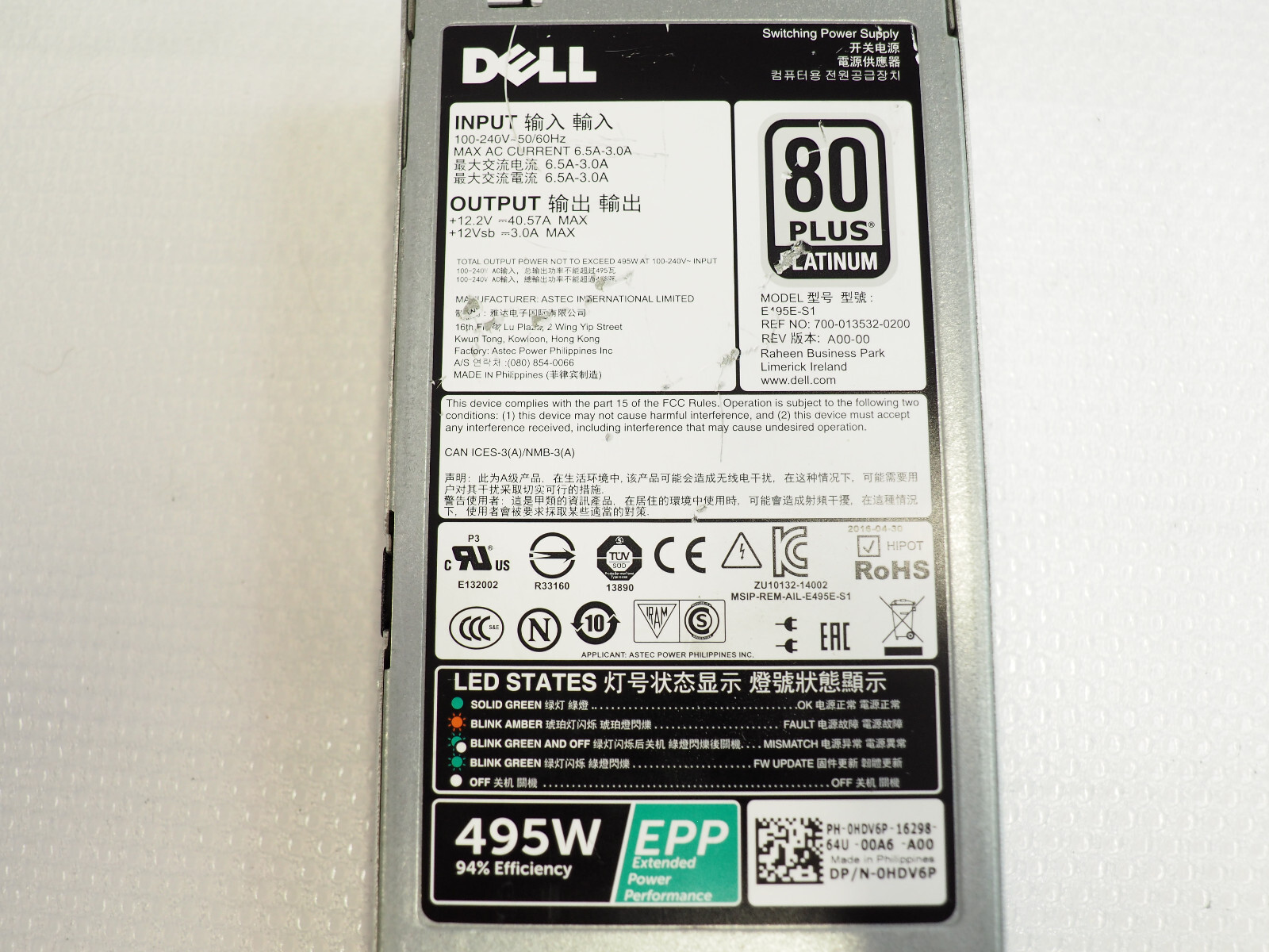 DELL E495E-S1 HDV6P 495W Switching Power Supply Module