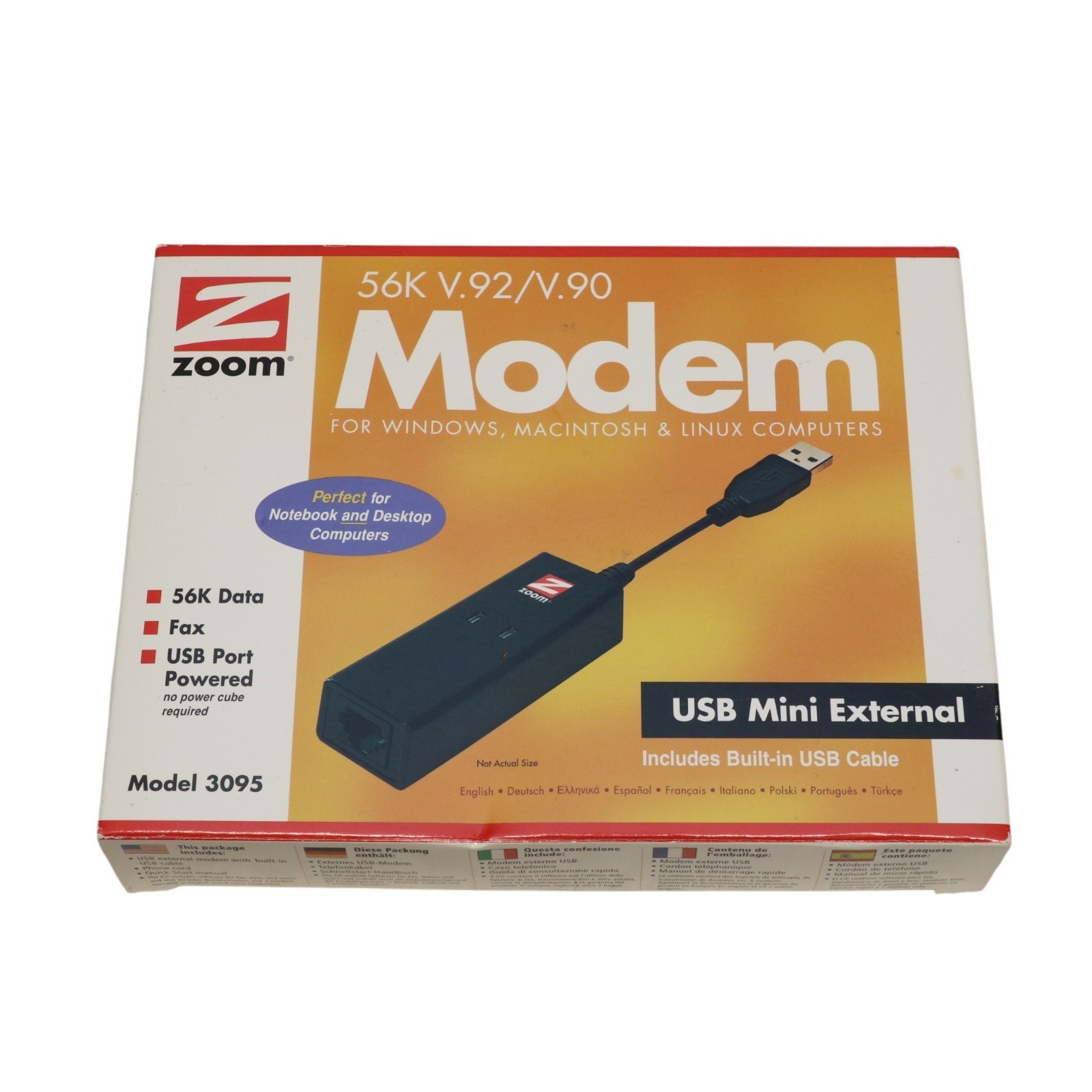 Zoom Model 3095 USB Modem - 56K V.92 Data + Fax USB Mini External