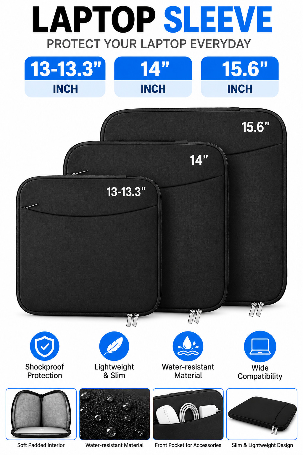 Laptop Sleeve Case 13-13.3 14 15.6 In Shockproof Water Resistant Protective Bag