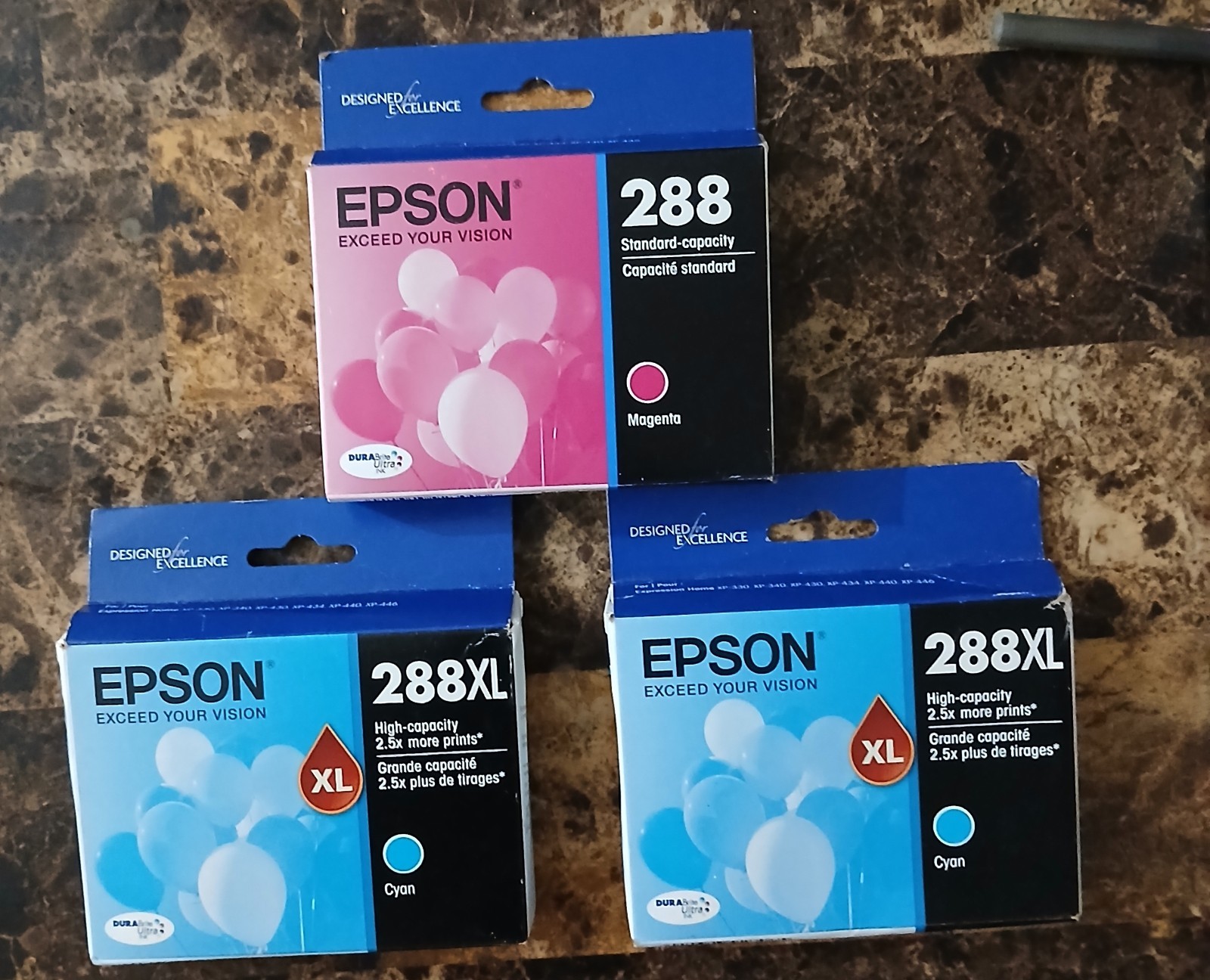 3 EPSON 288 CARTRIDGES TOTAL 2 EPSON288XL CYAN, 1 EPSON288 MAGENTA (STANDARD)