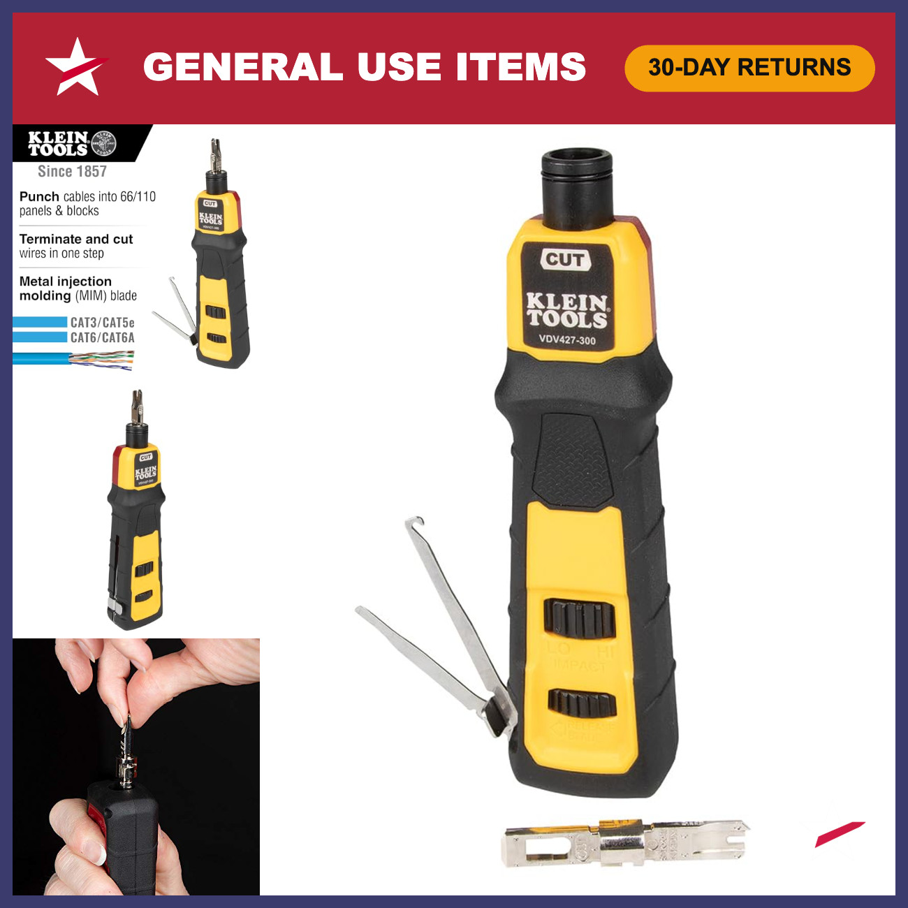 Impact Punchdown Tool with 66/110 Blade, Adjustable Force, CAT Cable Connector,