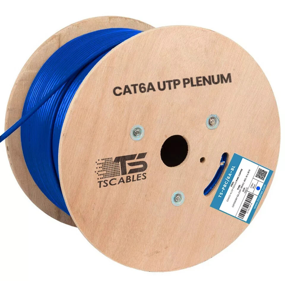 TSCables Cat6a PLENUM UTP 100% SOLID BARE COPPER 750Mhz 1000FT CABLE BLUE
