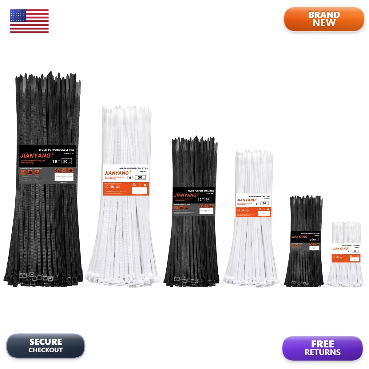 JIANYANG Zip Ties 6+8+12+14+18 Inch 500 Pack 120 LB Heavy Duty White Cable Ties
