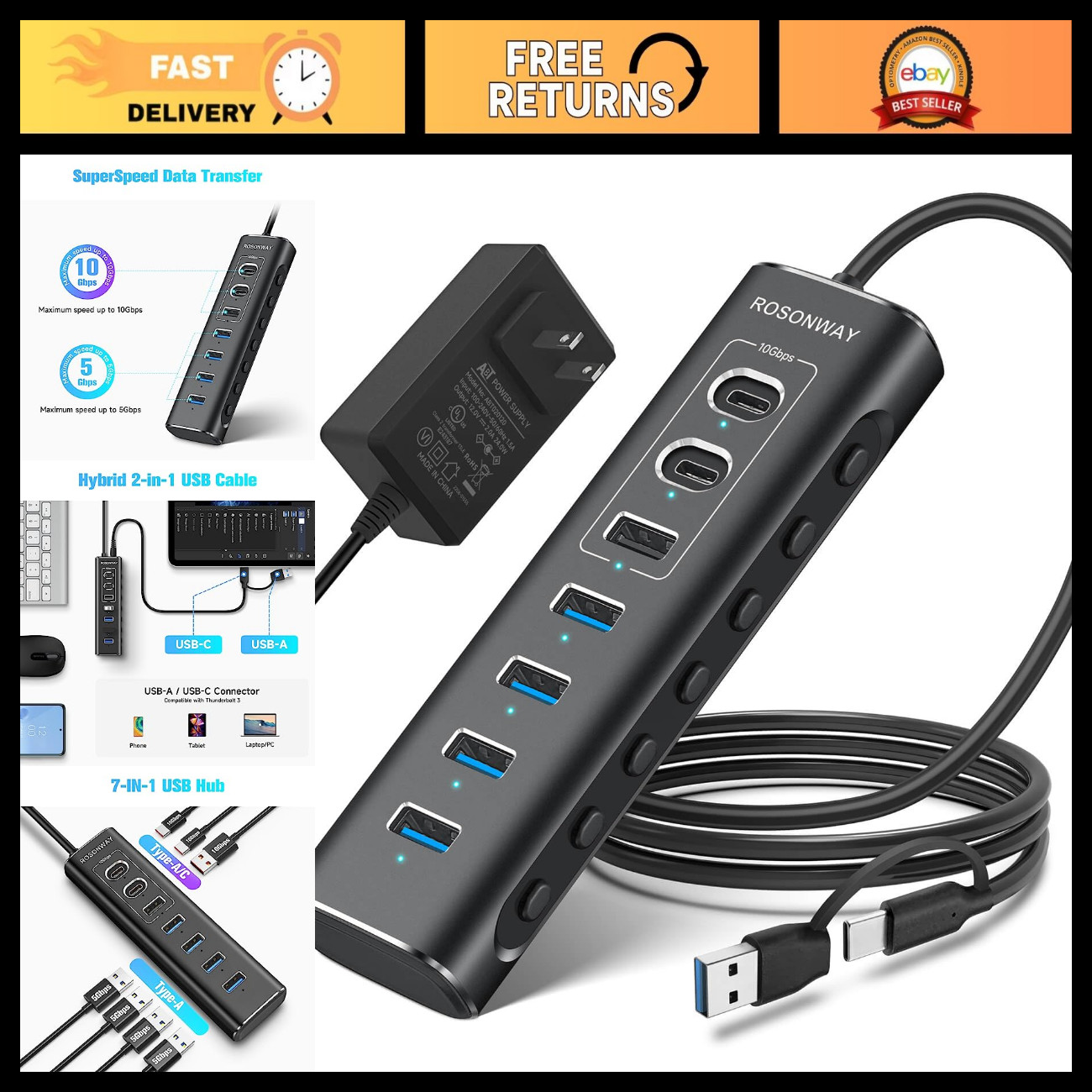 7-Port USB Hub, 10Gbps USB 3.2 & USB-C, Individual Switches, Power Adapter, Alum