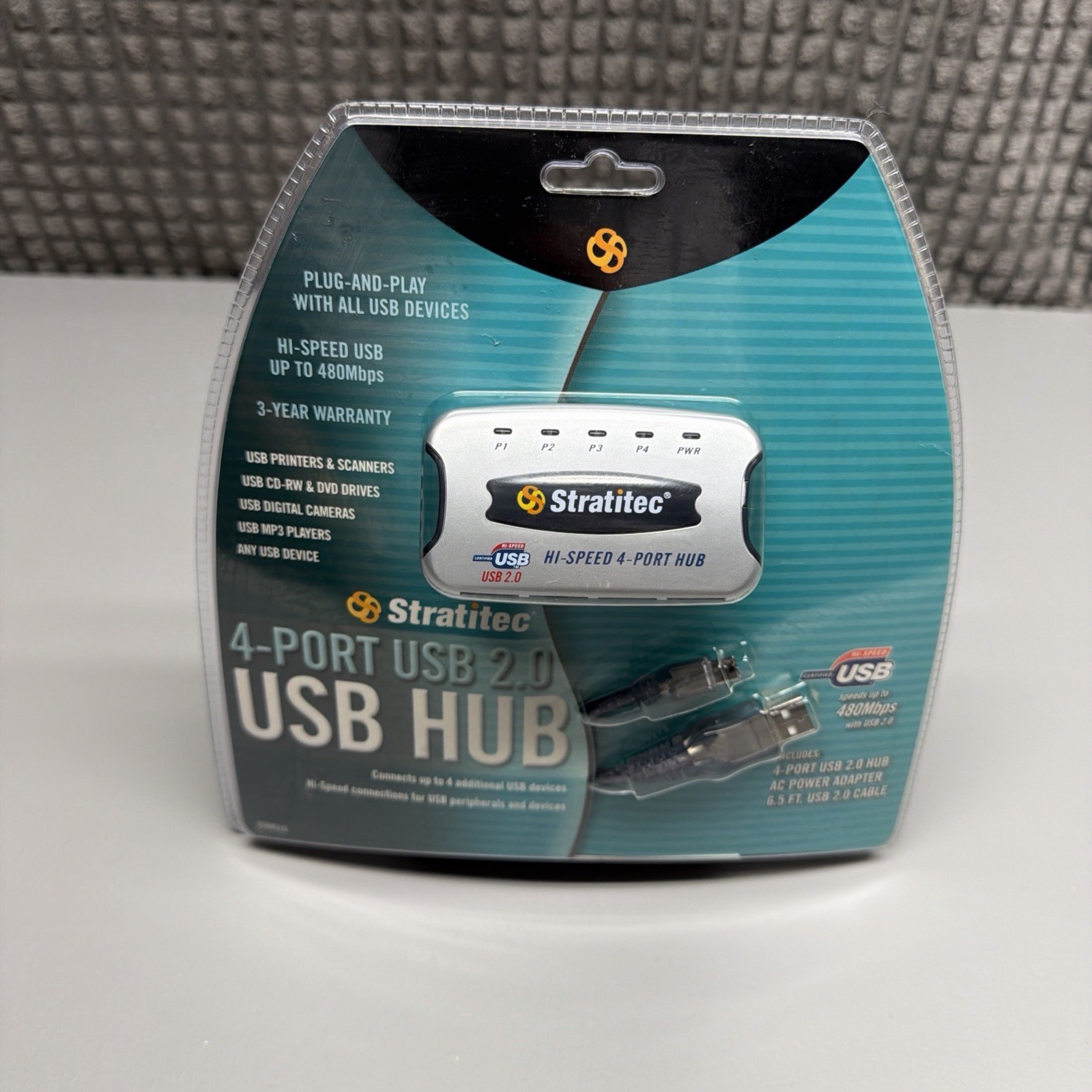 Stratitec 4 - Port USB 2.0 USB HUB AC POWER ADAPTER 6.5 FT USB CABLE NEW
