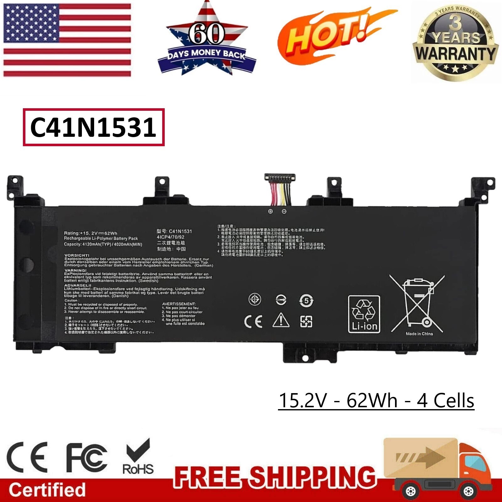 New C41N1531 Battery for Asus ROG Strix GL502VT GL502VS GL502VY US