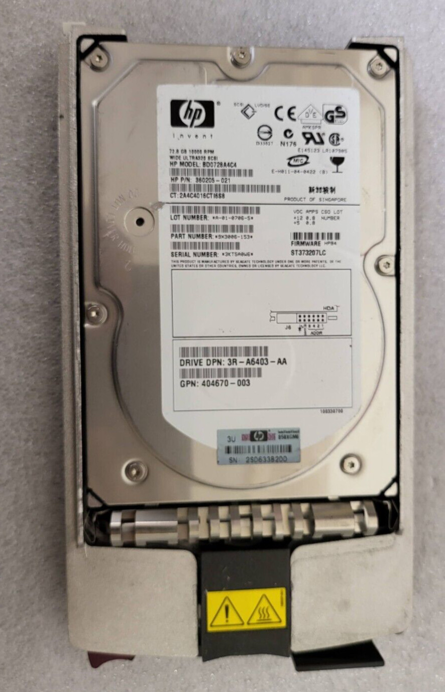 HP 404709-001, 72.8GB, 10k RPM, 3.5 in. Ultra320 SCSI HDD, 365695-007 BD07289BB8