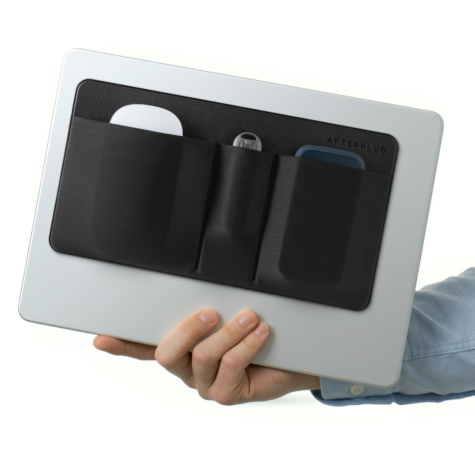 Afterplug 3-Pocket Adhesive Hard Drive Holder for Laptop | Stick-On Black