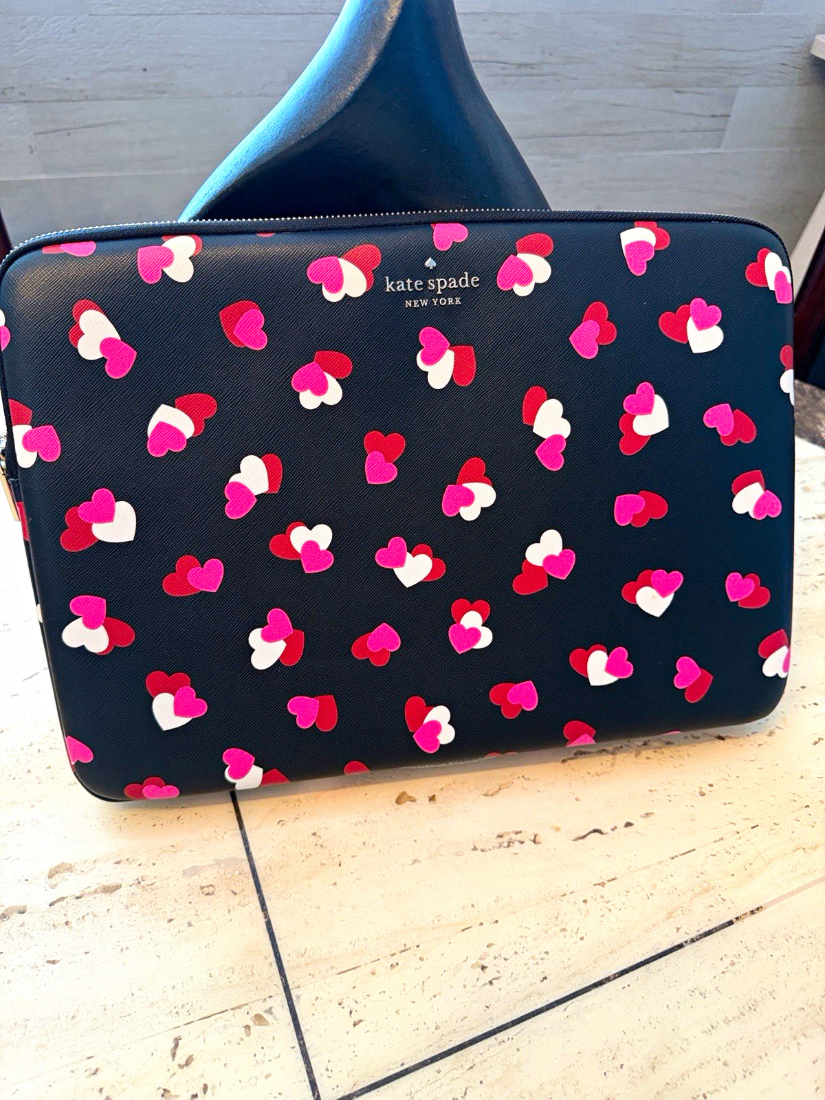 kate spade new york Leather Heart Print Black Laptop Case 15"x11"  Zippered