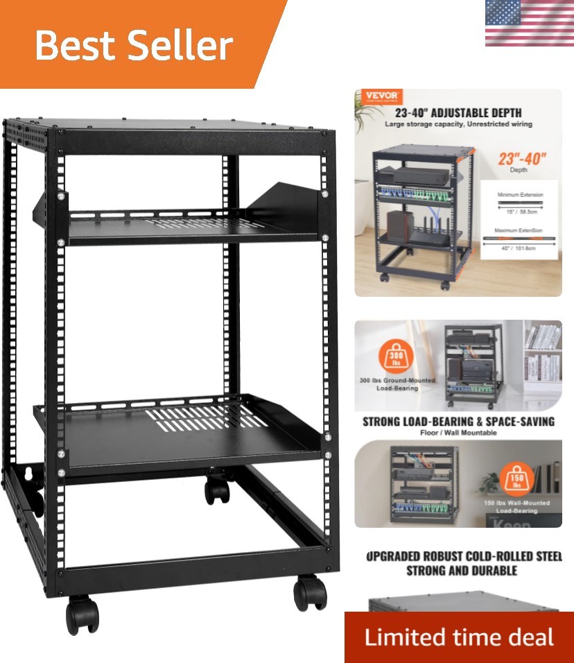 15U Open Frame Server Rack, 23''-40'' Adjustable Depth, Free Standing or Wall...