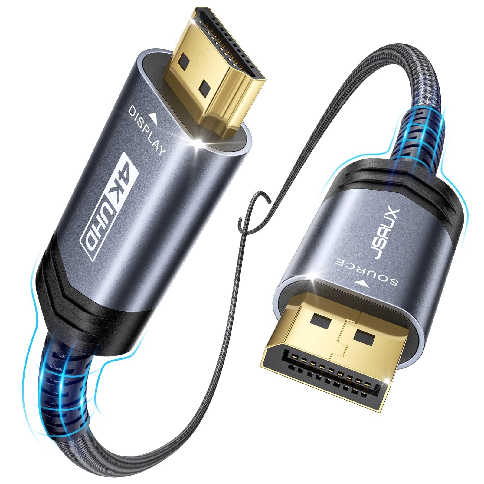 JSAUX 4K DisplayPort to HDMI Cable 10ft Uni-Directional Nylon Grey