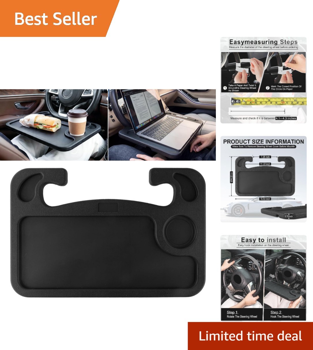 Versatile Car Steering Wheel Desk for Laptop & Dining - Black, Sturdy Design