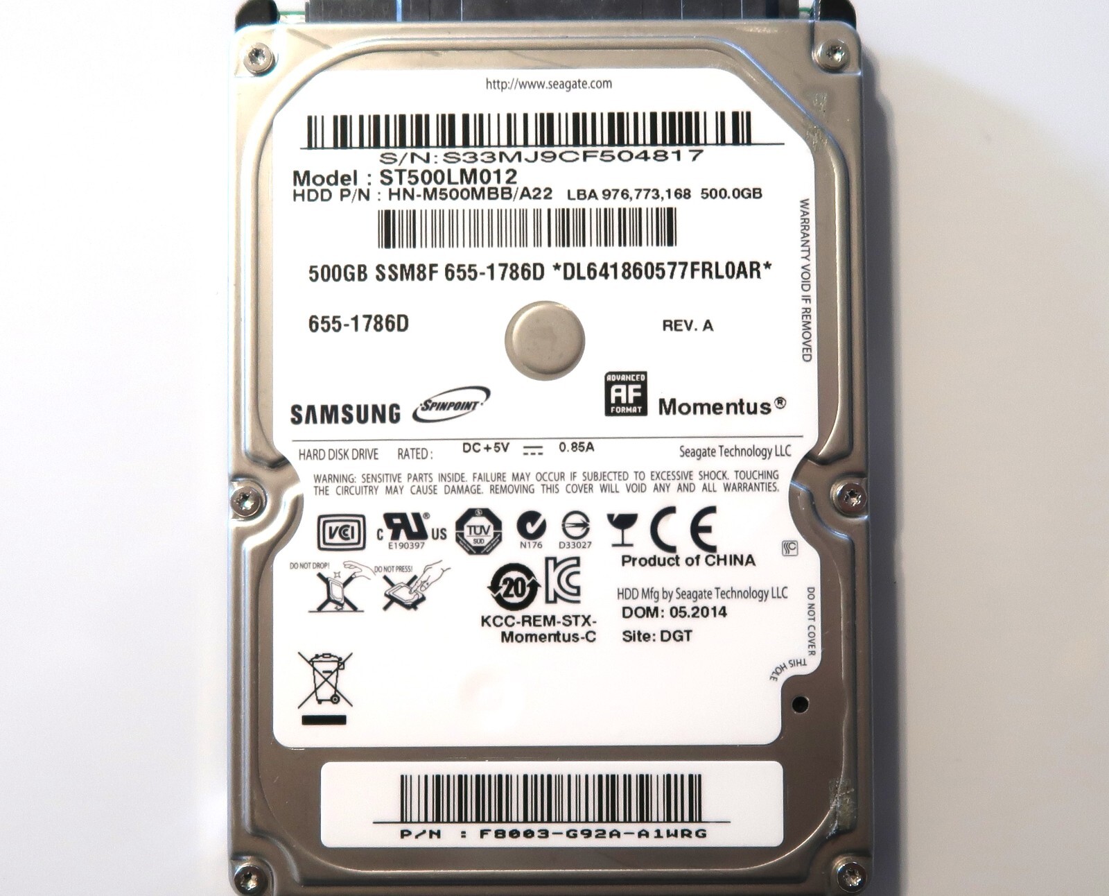 Samsung ST500LM012 HN-M500MBB/A22 REV.A DGT F8003-G92A 2.5" 500gb Sata 05.2014