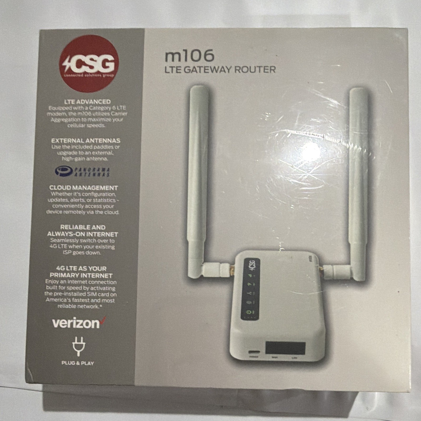 CSG m106 Verizon 4G LTE Gateway Router WiFi 2 LAN USB RJ-45 White Portable
