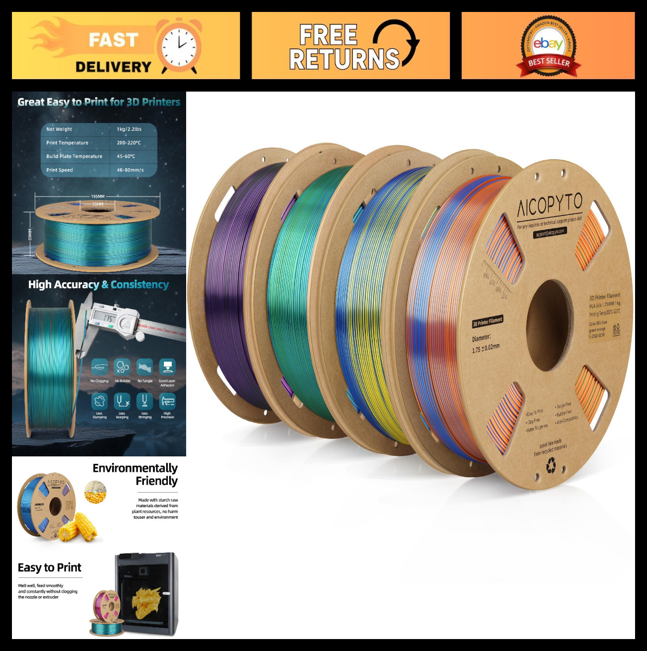 Shiny Triple Color Silk PLA 3D Printer Filament 1.75mm, 4KG Bundle for Creality