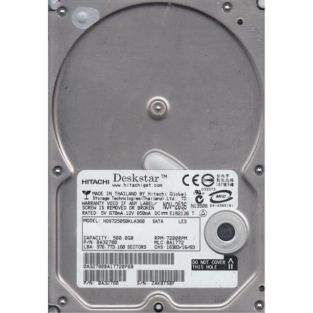 0A32780 Hitachi Deskstar 500 GB 7200 RPM 3.5" HARD DRIVE HDS725050KLA360