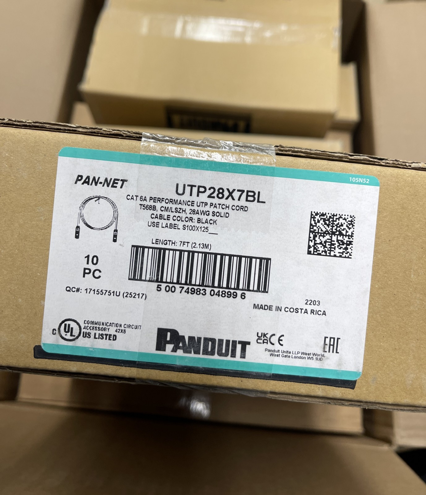 (Box of 10) NEW Panduit UTP28X7BL 7ft Patch Cord T568B CAT 6A 28Awg Solid Black