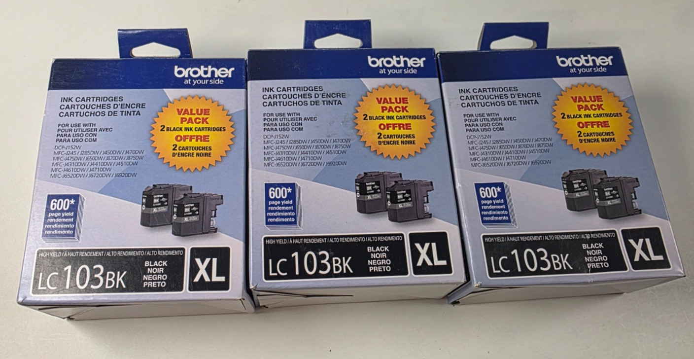 (Lot of 3) Brother LC103BK XL Black Ink 2-Packs Genuine OEM Sealed Exp 10/2021