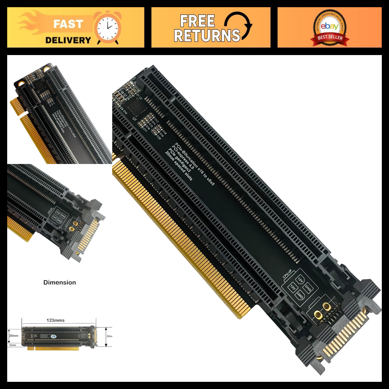 PCIe 4.0 Expansion Card 16X to Dual 8X/16X Bifurcation Splitter with SATA Power