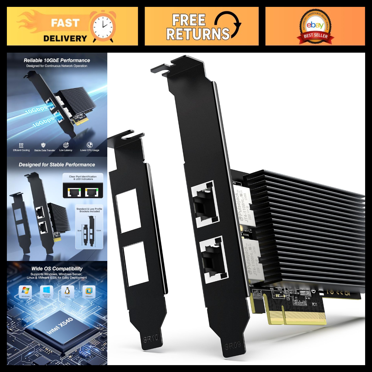 10Gb PCIe Network Card, Dual Port 10GBase-T, Intel X540-T2 Controller, High Spee
