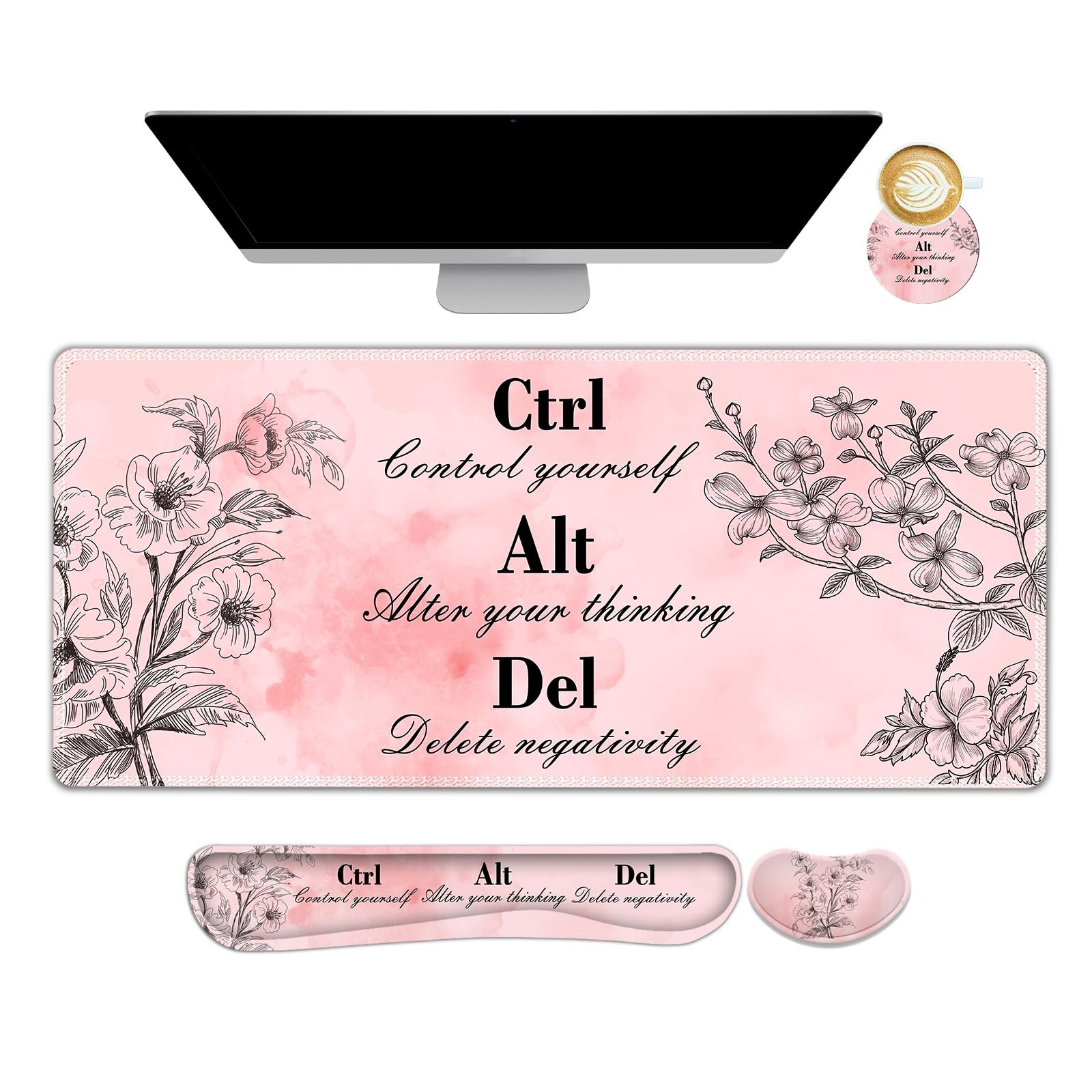 Large Pink Floral Gaming Mouse Pad With Ergonomic Wrist Rest Desk Mat