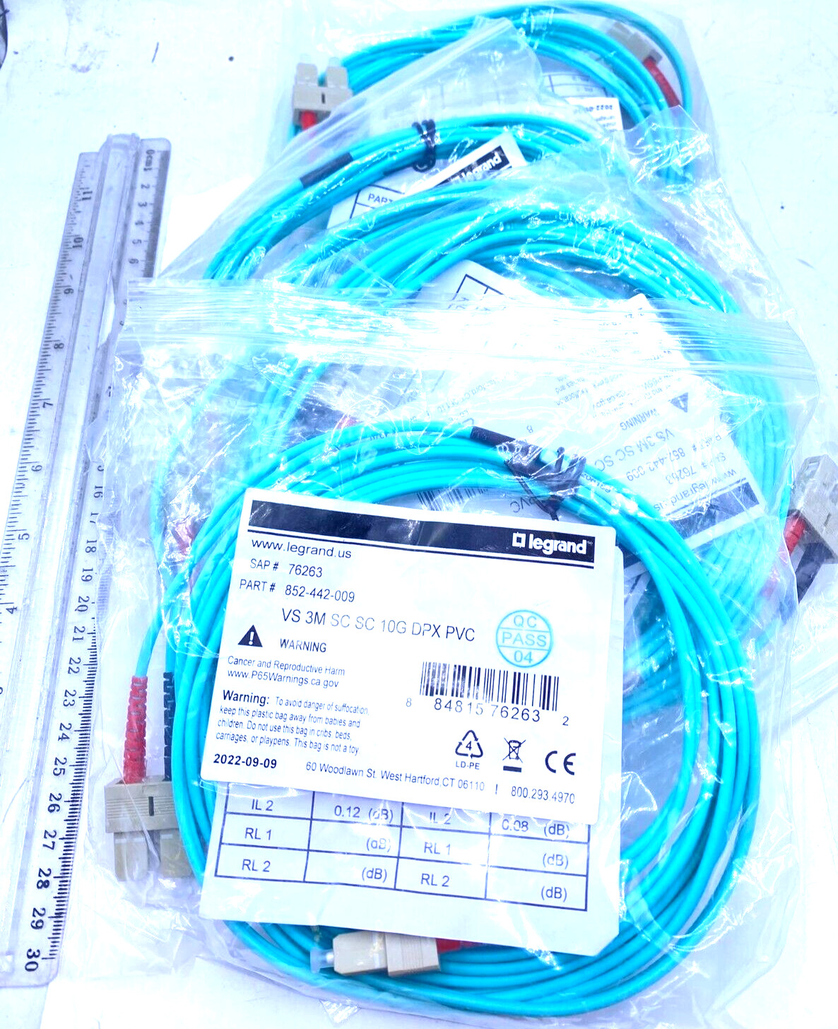 Legrand Quiktron Lot of 7 Fiber Optic Cable VS 3M SC SC 10G DPX PVC 852-442-009