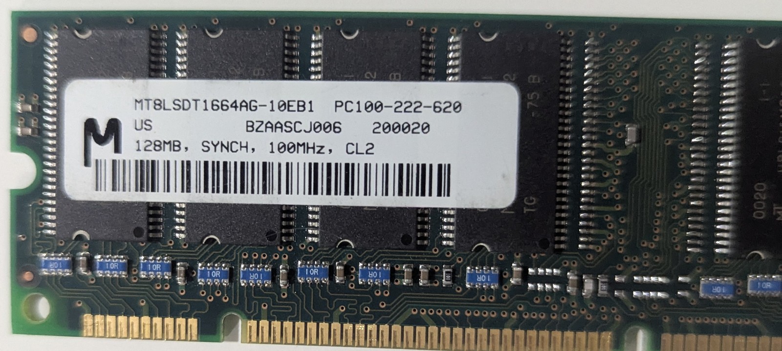 Micron 128MB PC100 SDRAM DIMM MT8LSDT1664AG-10EB1 BZAASCJ006 PC100-222-620