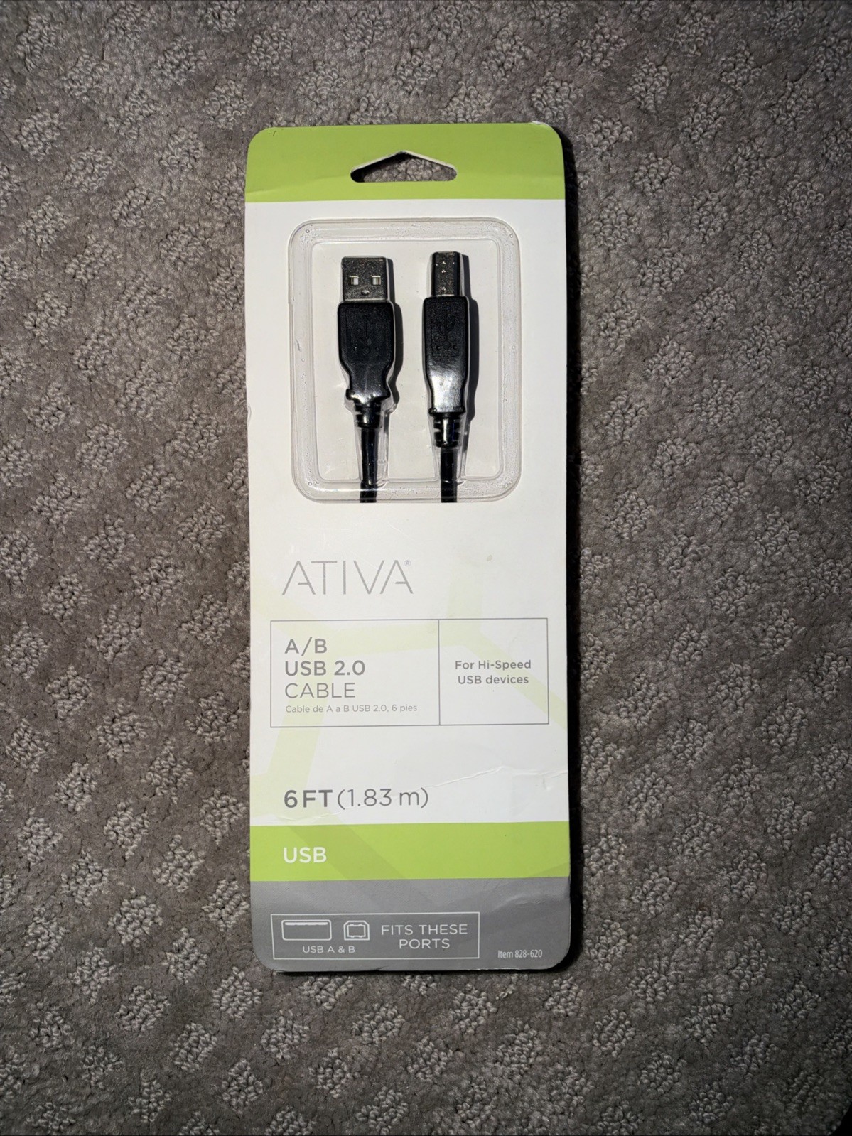  USB 2.0 Cable A / B male Ativa Hi-speed 6 ft black preowned 
