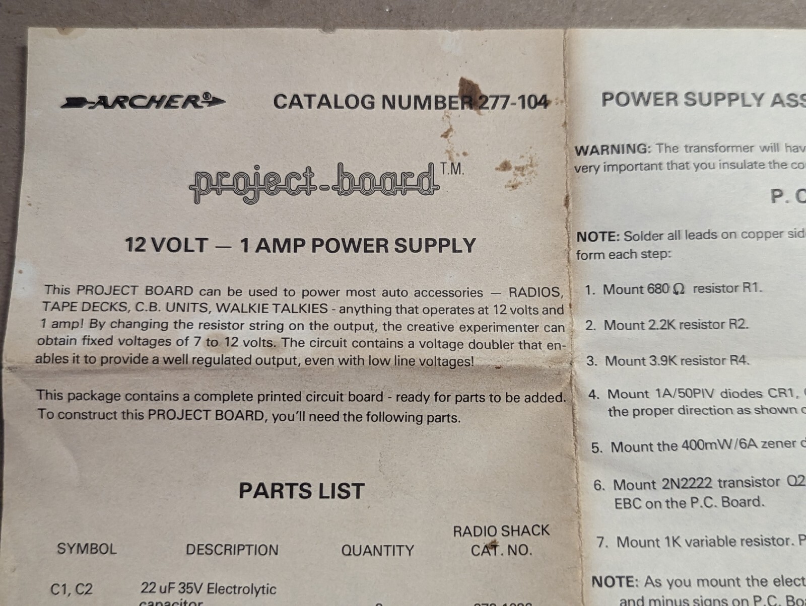 VINTAGE Archer Radio Shack Project Board 277-104 Tandy Power Supply Parts List