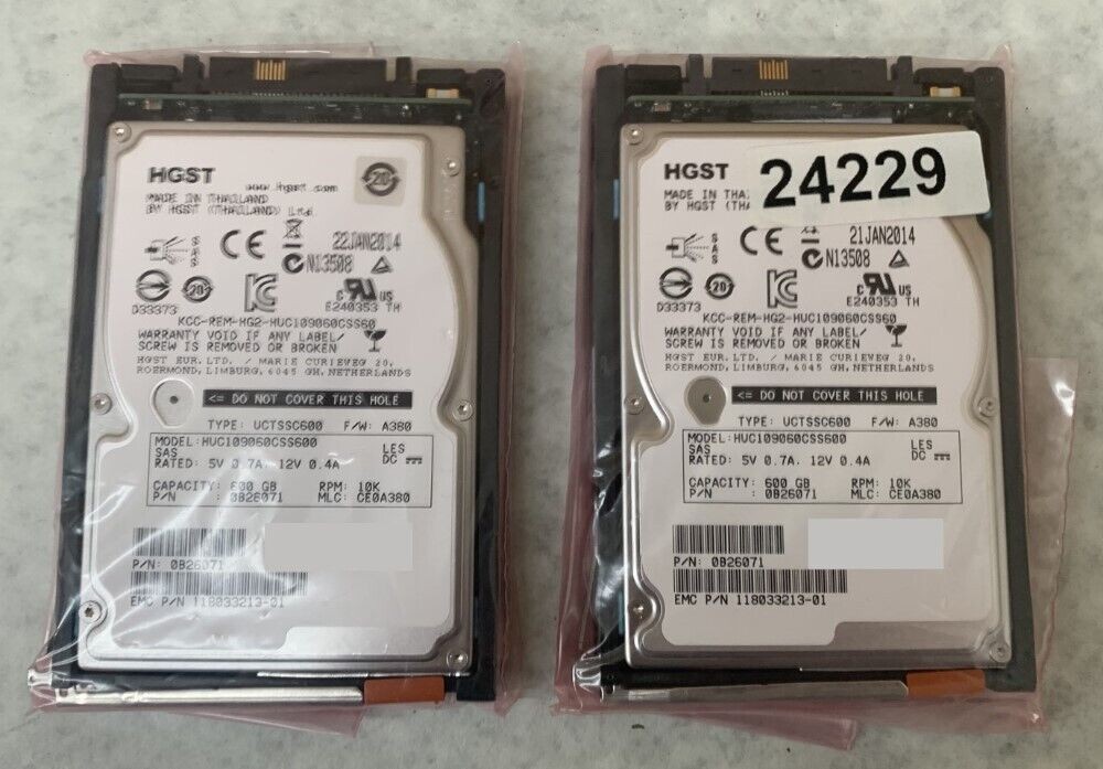 Lot/2 HGST EMC HUC109060CSS600 SAS 2.5" 600GB 10K RPM 0B26071 118033213-01 HDD