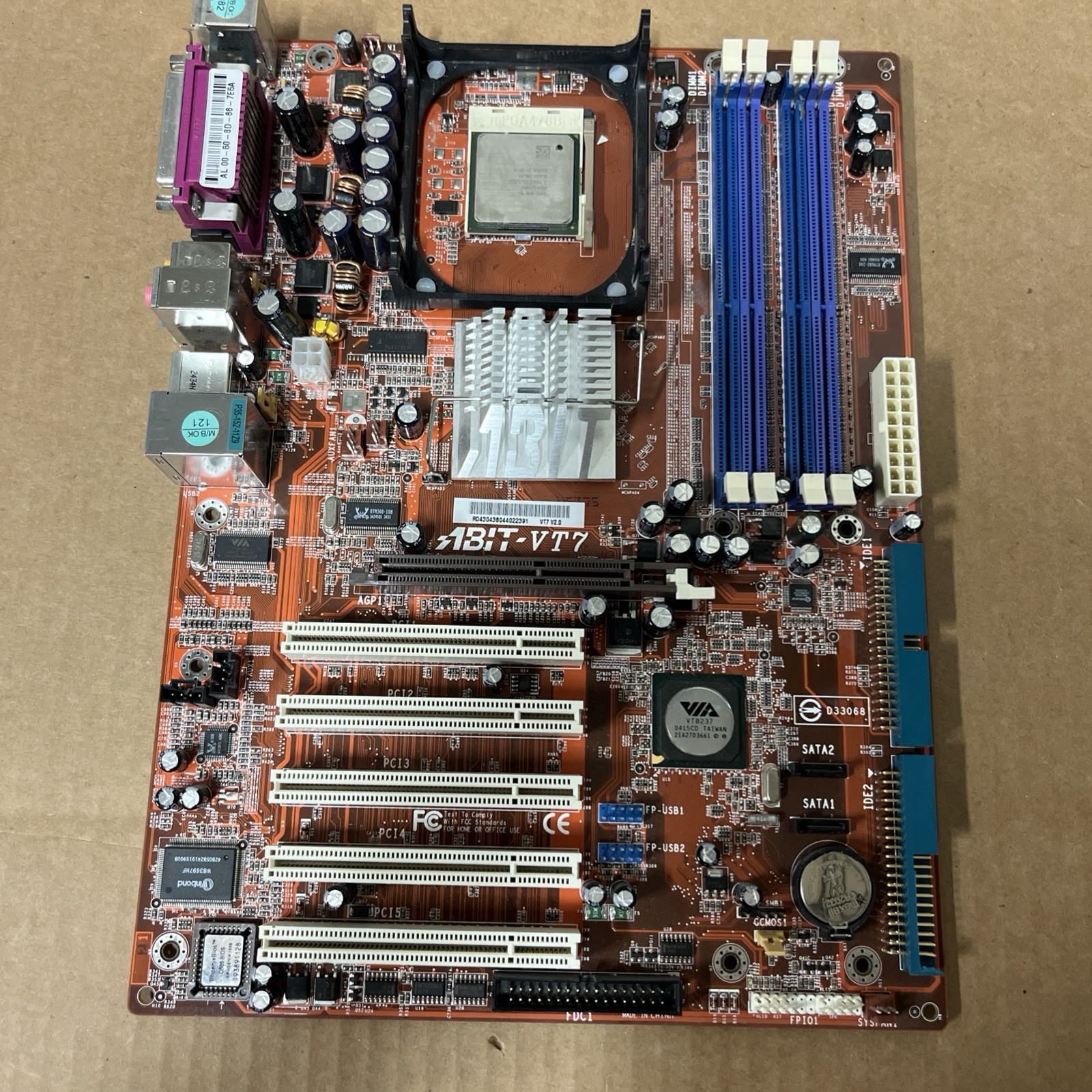 Vintage Abit AB-VT7 VIA PT880 Socket 478 DDR Motherboard With Intel 2.4ghz CPU