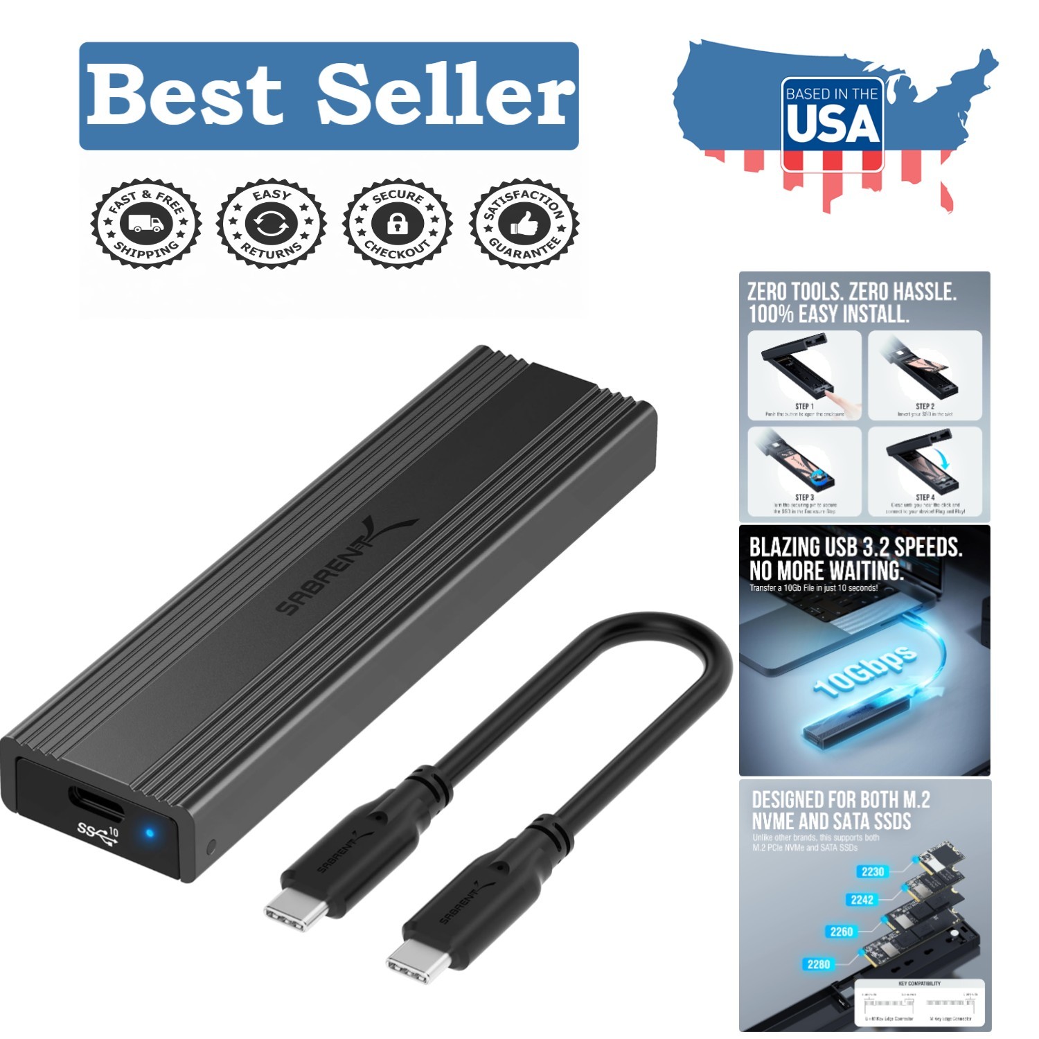 Sleek USB 3.2 Type-C SSD Enclosure - Tool-Free, 10Gbps Speed, Portable Design