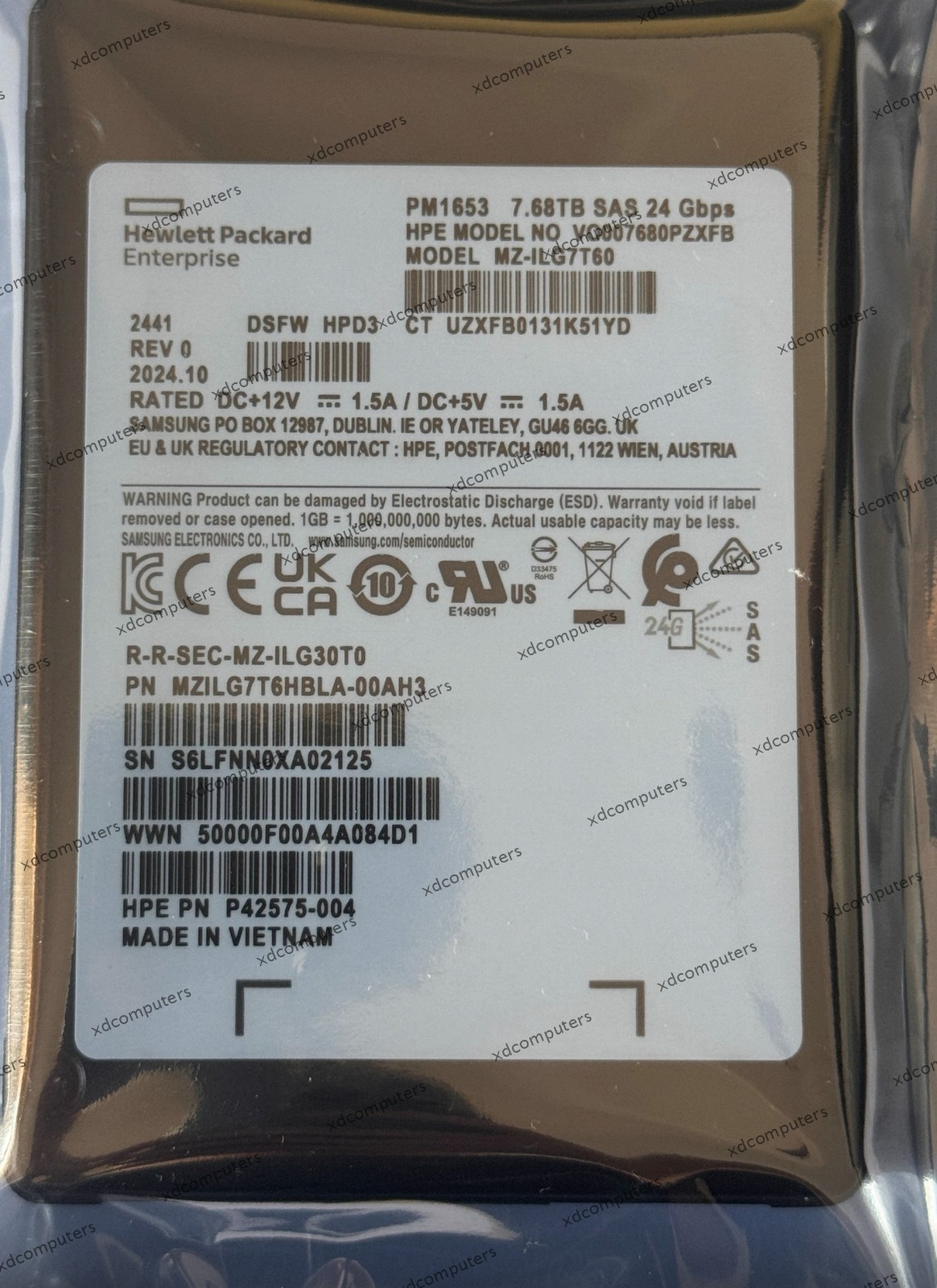 Samsung PM1653 7.68TB HPE SSD SAS 24Gbps P42575-004 MZILG7T6HBLA-00AH3